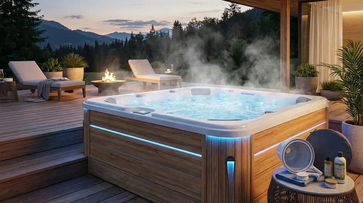 clean hot tub with bubbling jets and crystal clear water