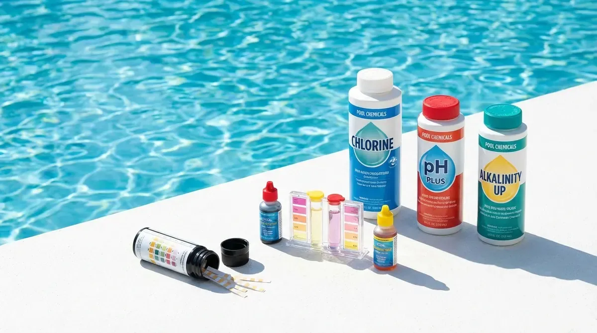 pool water testing kit with chemical bottles on pool deck