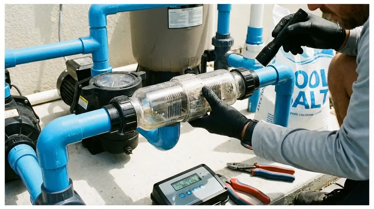 saltwater pool salt cell being inspected with testing equipment